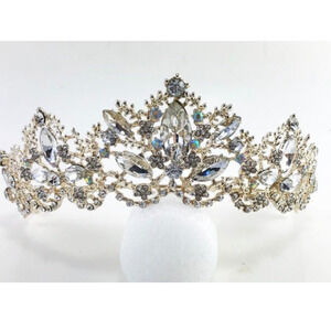 Elegant Clear Rhinestone Metal Tone Crown Tiara Floral Design NEW Bridal